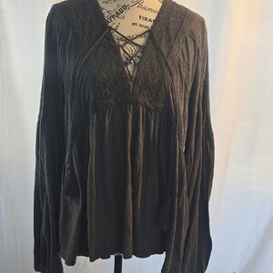Gray V-Neck Lace-Up‎ Women's Top